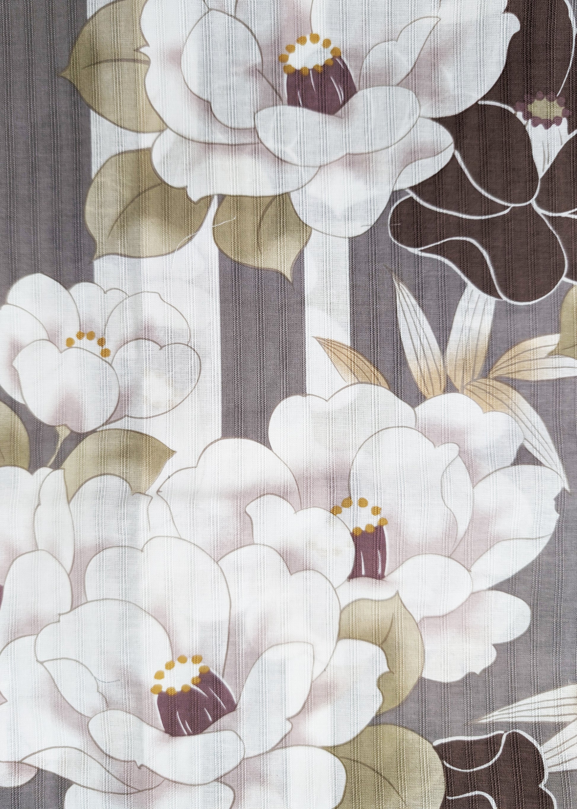 Japanese Yukata Kimono - Camellias in White and Grey Stripes