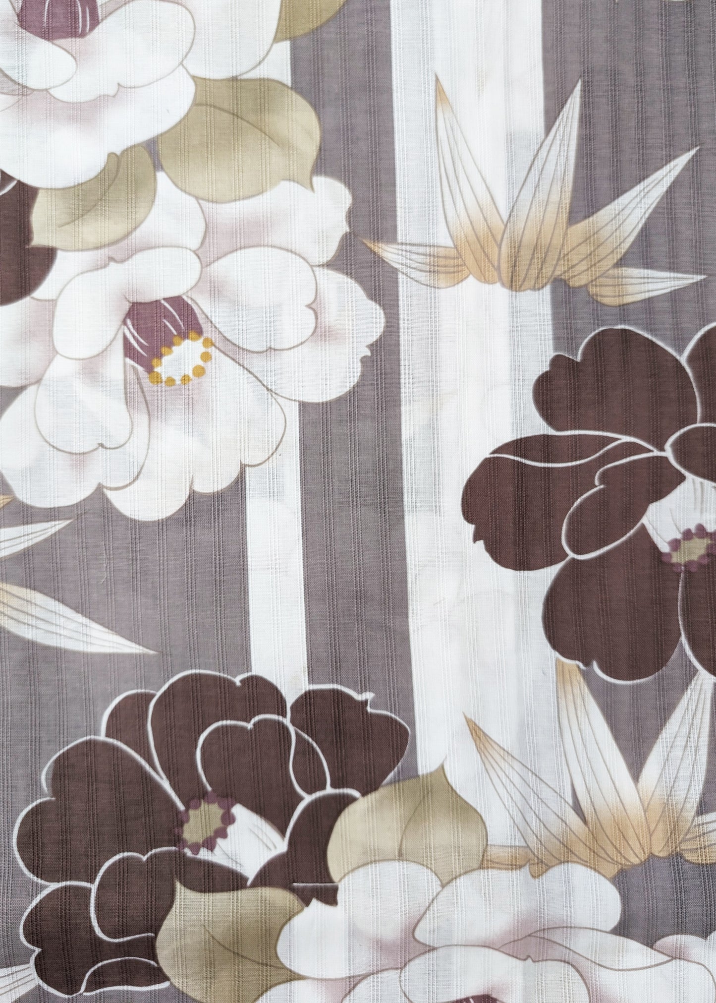 Japanese Yukata Kimono - Camellias in White and Grey Stripes