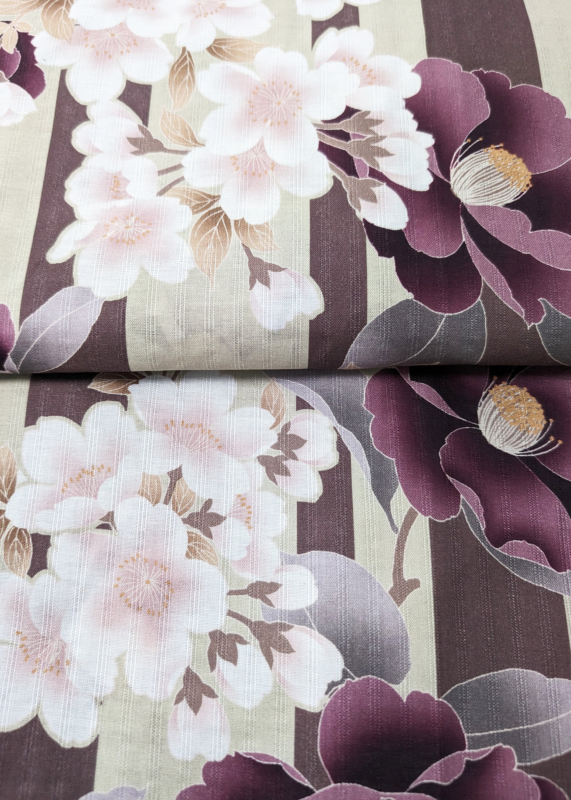 Japanese Yukata Kimono - Sakura and Camellia in Green and Brown Stripes