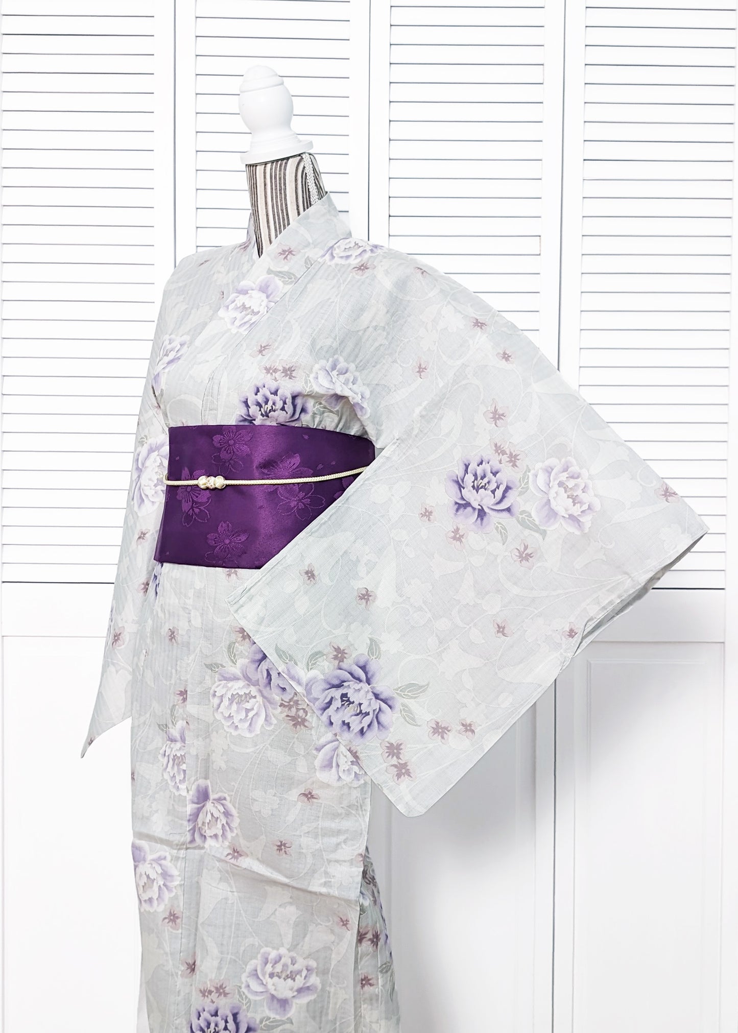 Yukata Kimono - Purple Peonies in Light Grey (Style #2639)