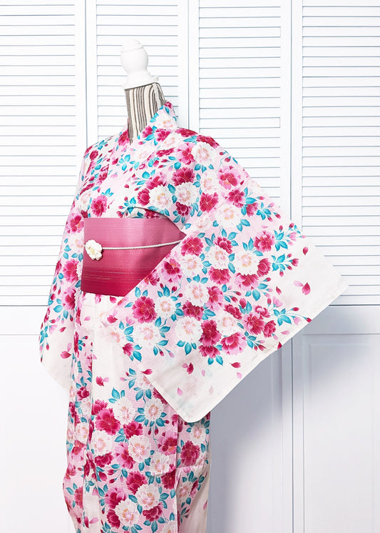 Japanese Yukata Kimono - Red and Pink Cherry Blossoms in White