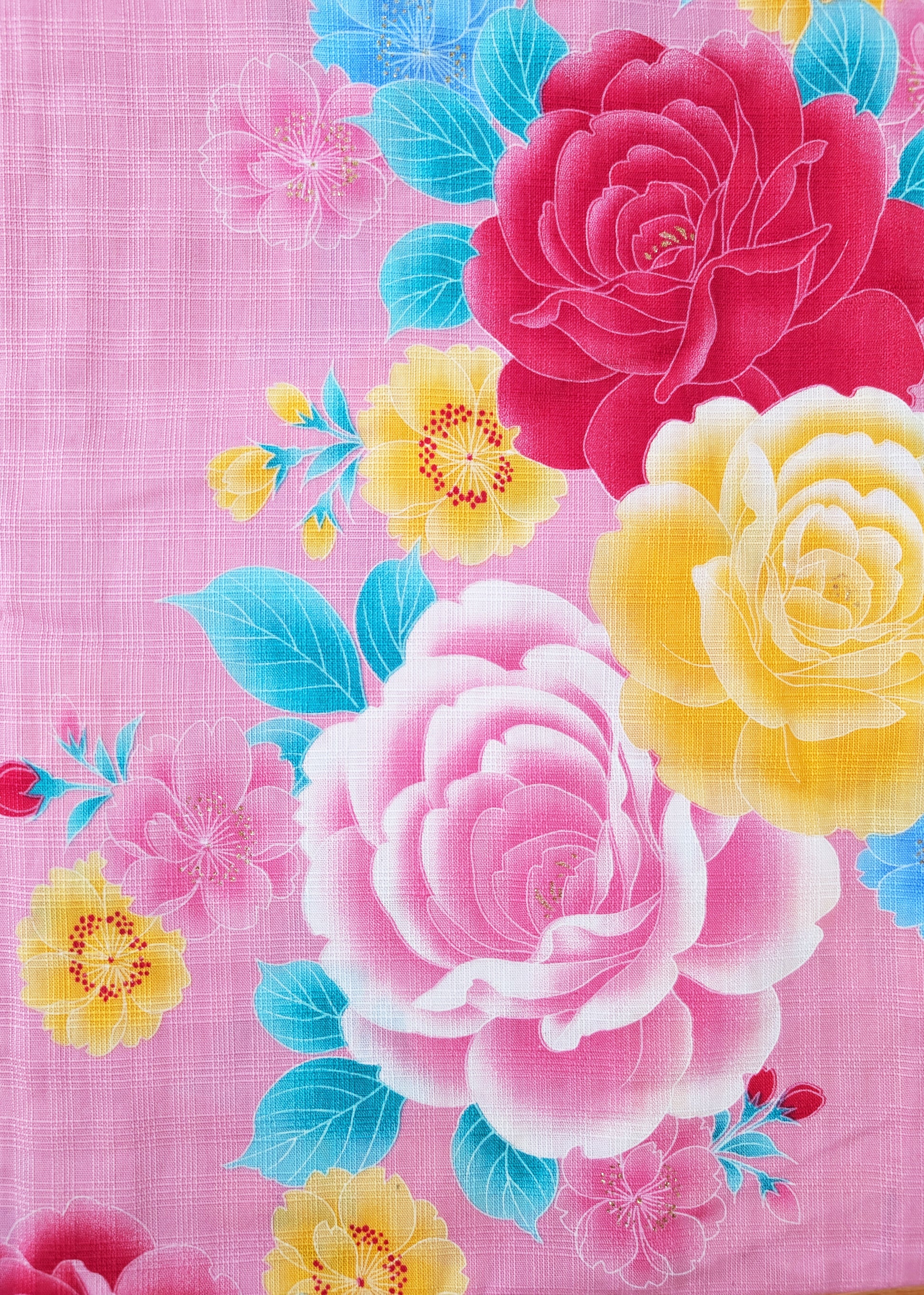 Japanese Yukata Kimono - Yellow and Pink Roses in Pink