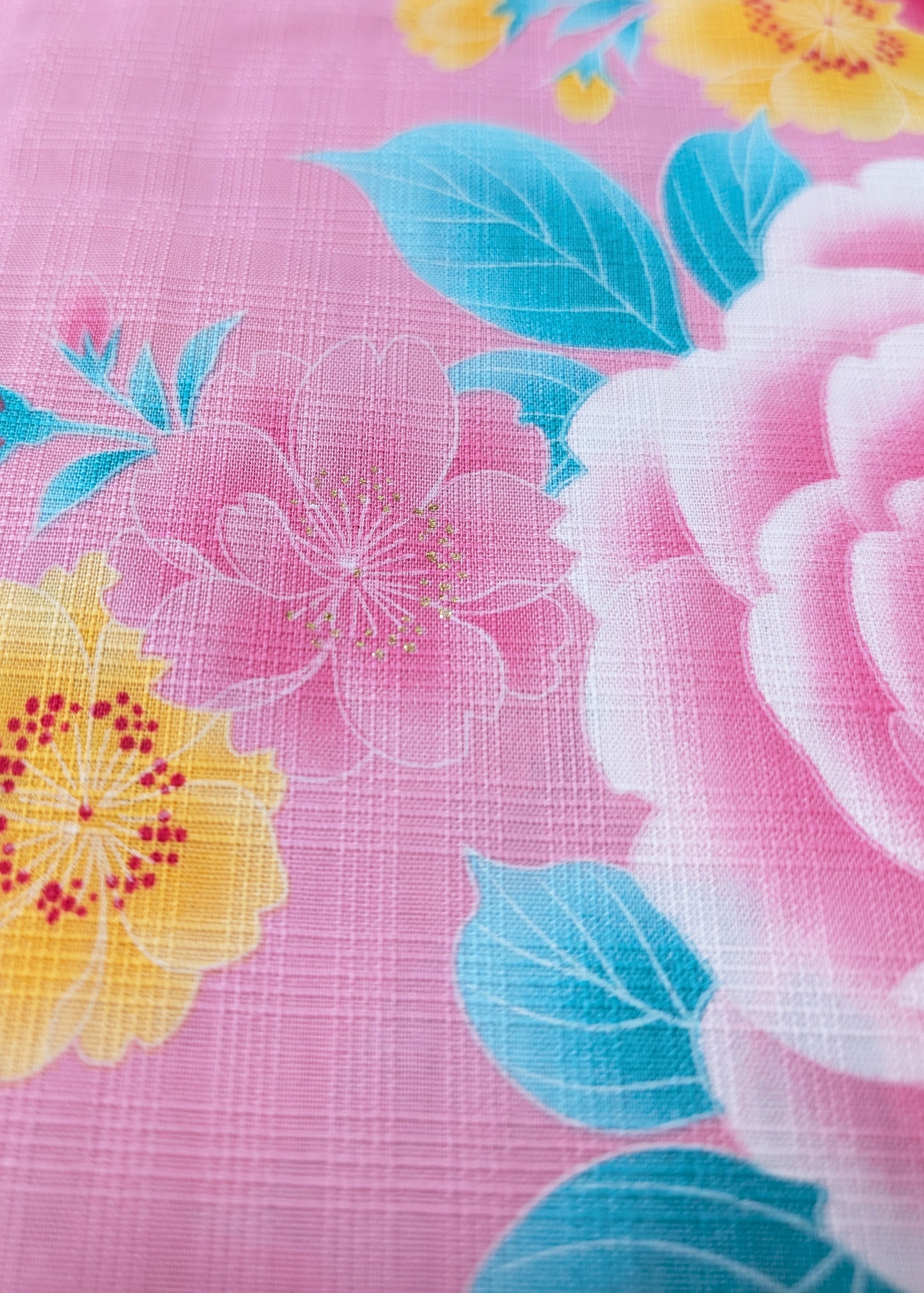 Japanese Yukata Kimono - Yellow and Pink Roses in Pink