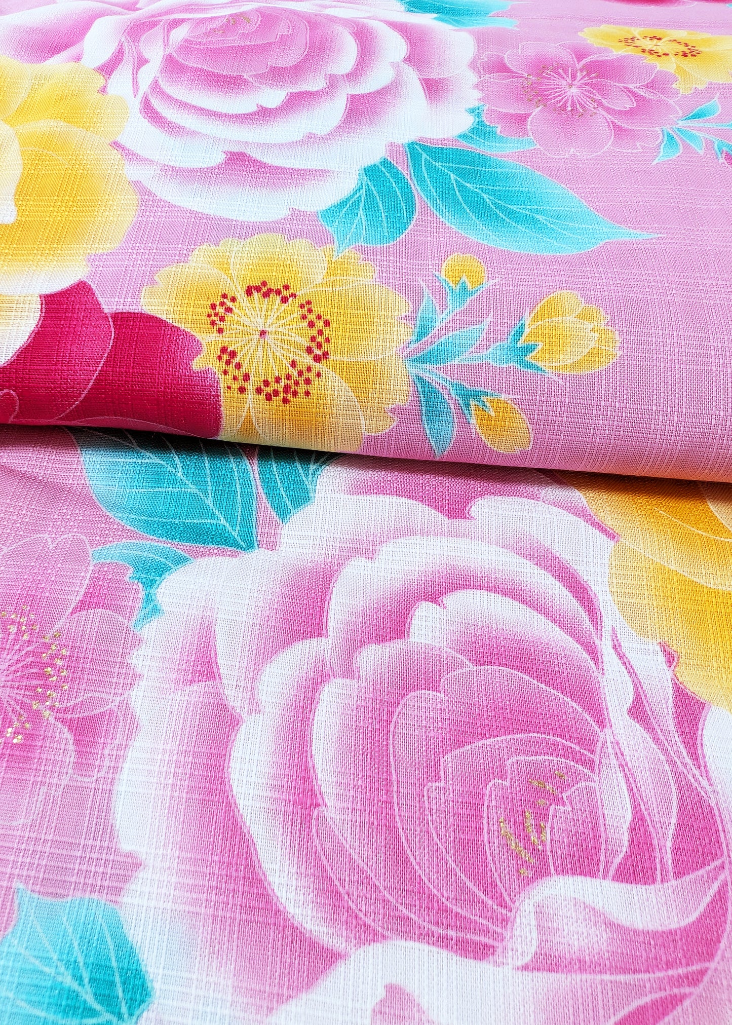 Japanese Yukata Kimono - Yellow and Pink Roses in Pink