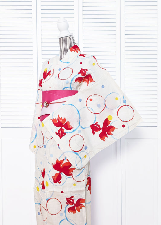 Japanese Yukata Kimono - Red Goldfish and Bubbles in Off-White