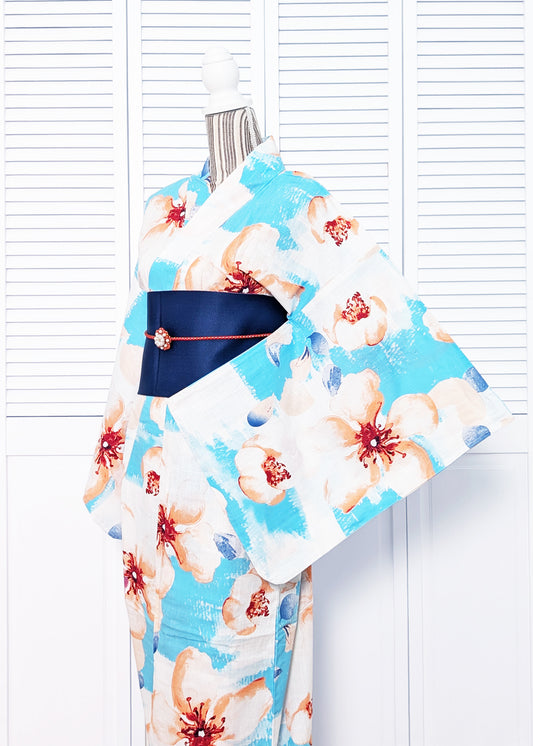 Japanese Yukata Kimono - Pink Cherry Blossoms in Blue