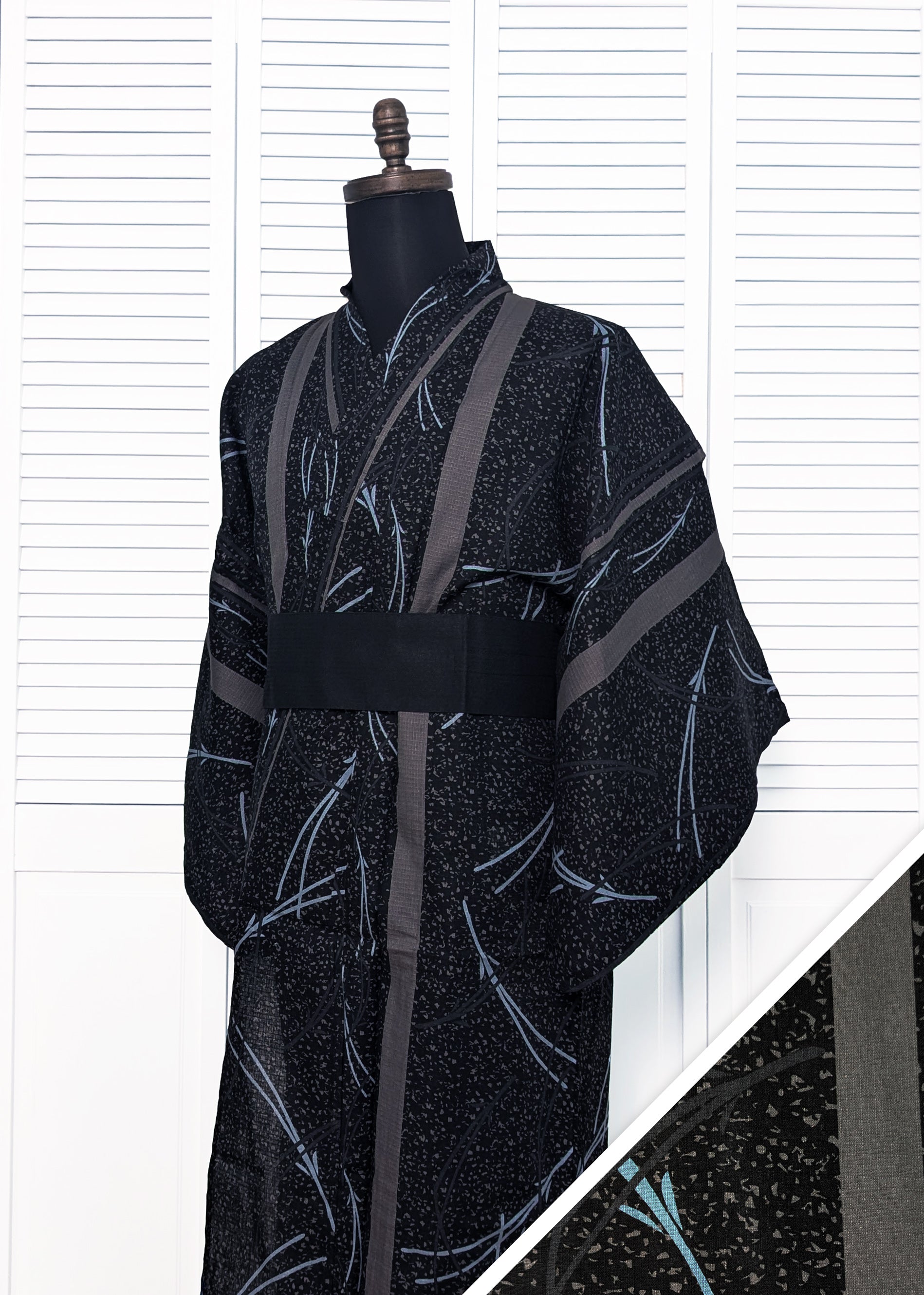 Japanese Traditional Men's Cotton Yukata - Blue Abstract in Black