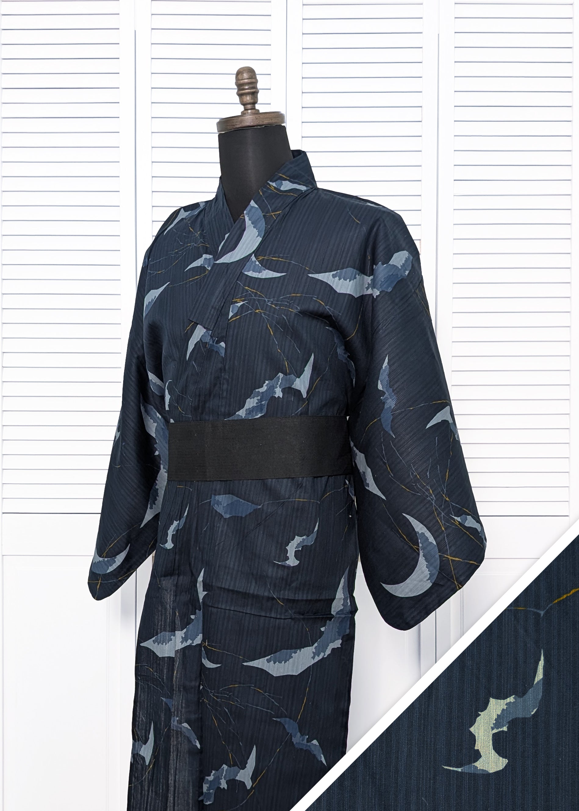 Japanese Traditional Men's Yukata Kimono - Bats and Moon in Indigo