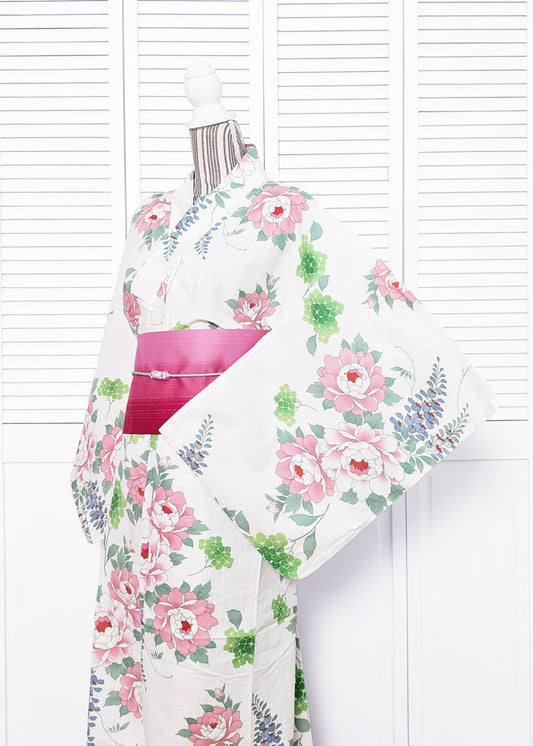 Japanese Traditional Women's Cotton Yukata Kimono - Flowers in White