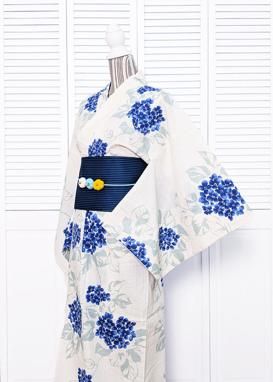 Traditional Japanese Women's Yukata Kimono - Blue Hydrangeas in White