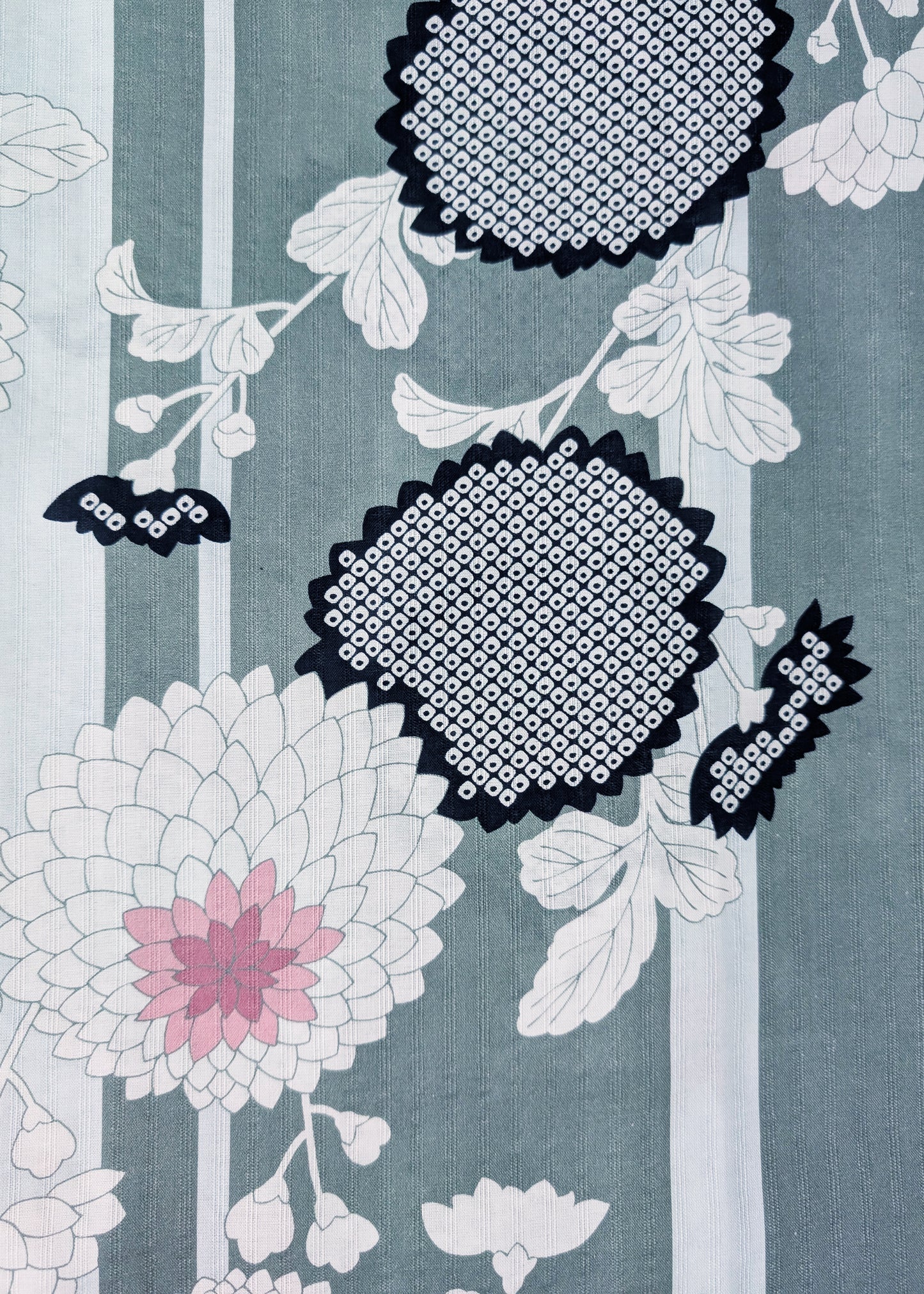 Yukata Kimono - White Peonies in Green Stripes (Style #2656)