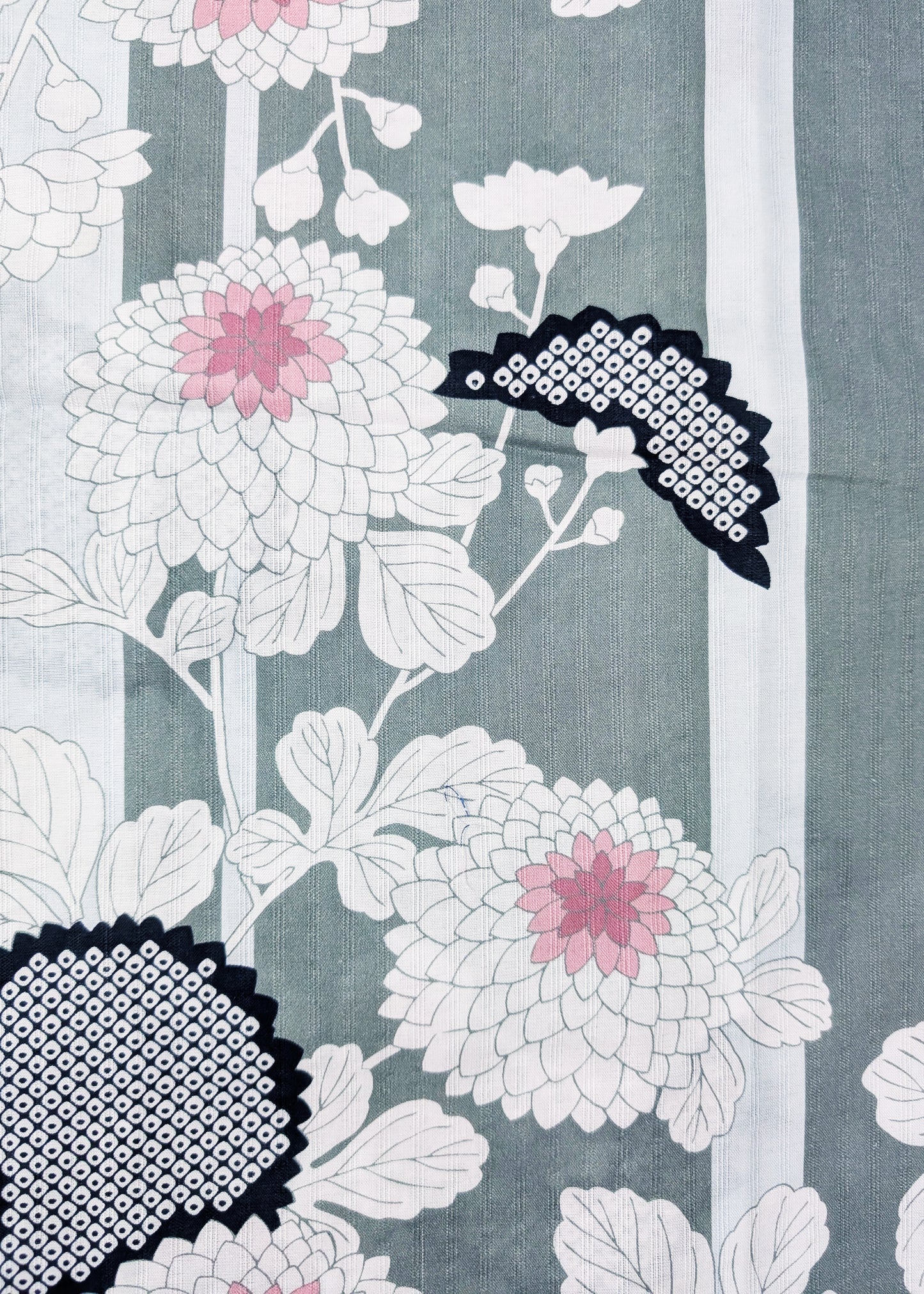 Yukata Kimono - White Peonies in Green Stripes (Style #2656)