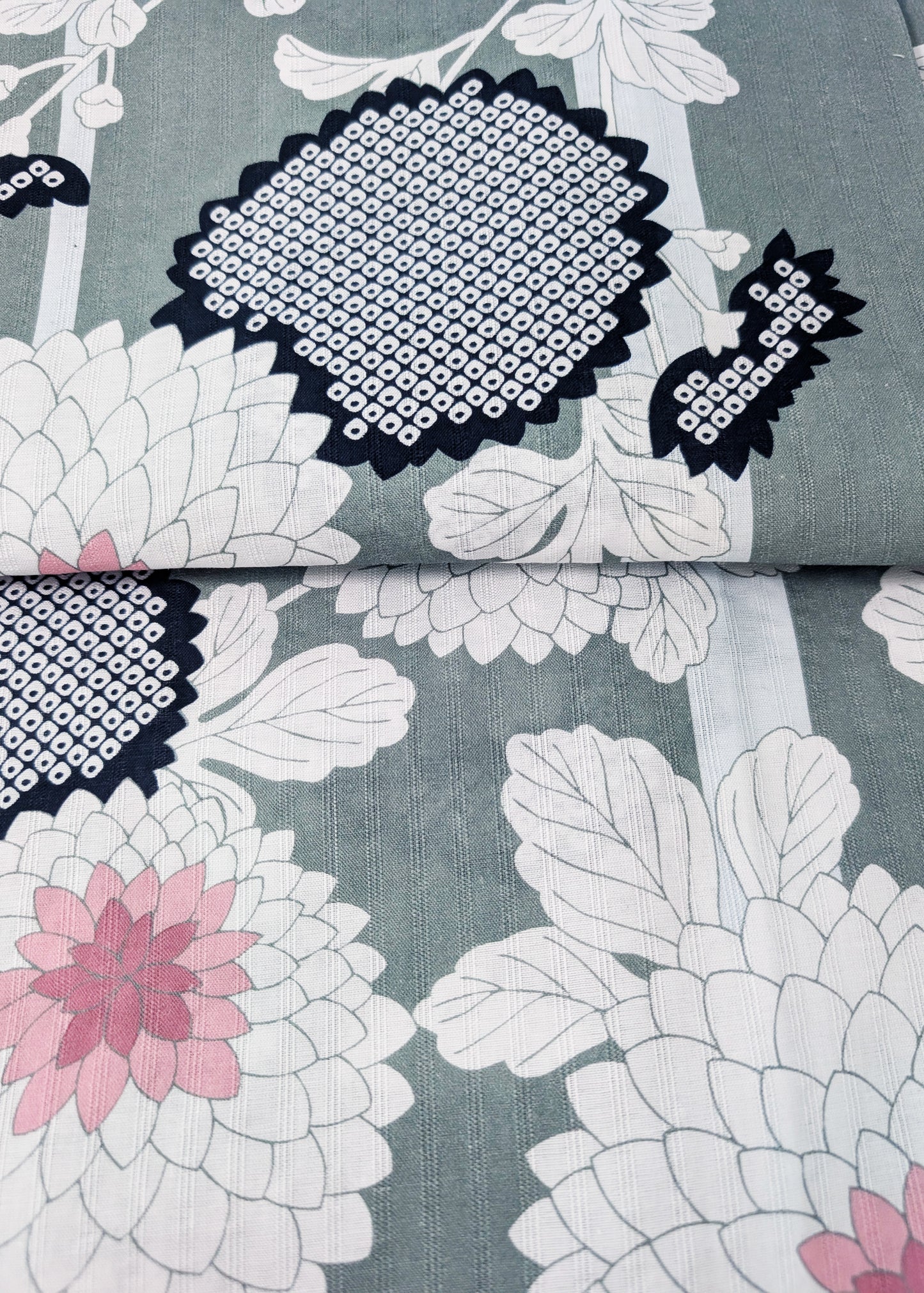Yukata Kimono - White Peonies in Green Stripes (Style #2656)