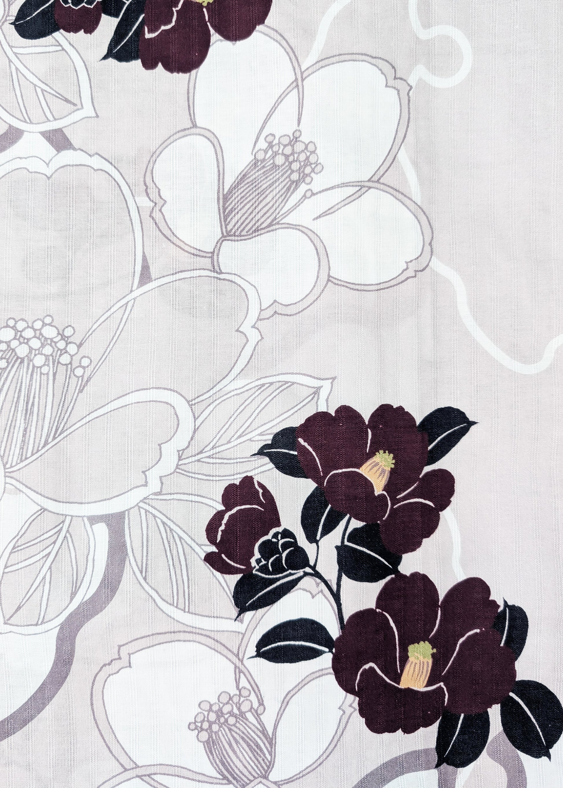 Traditional Japanese Floral Yukata Kimono - Maroon Camellias in Gray