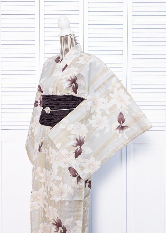 Traditional Japanese Women's Yukata Kimono - Brown Goldfish in Gray