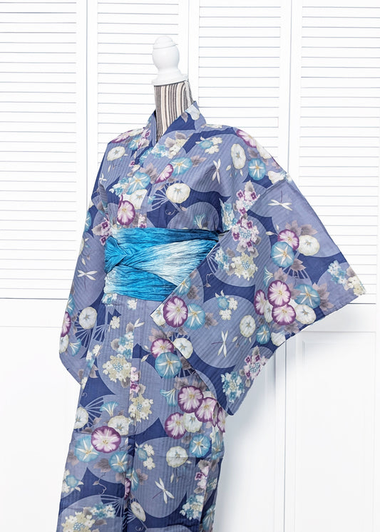 Traditional Japanese Yukata Kimono - Dragonfly and Flowers in Purple