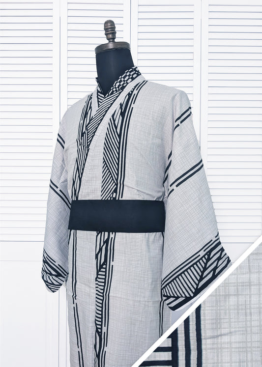 Traditional Japanese Men's Yukata Kimono - Geometric in Light Gray