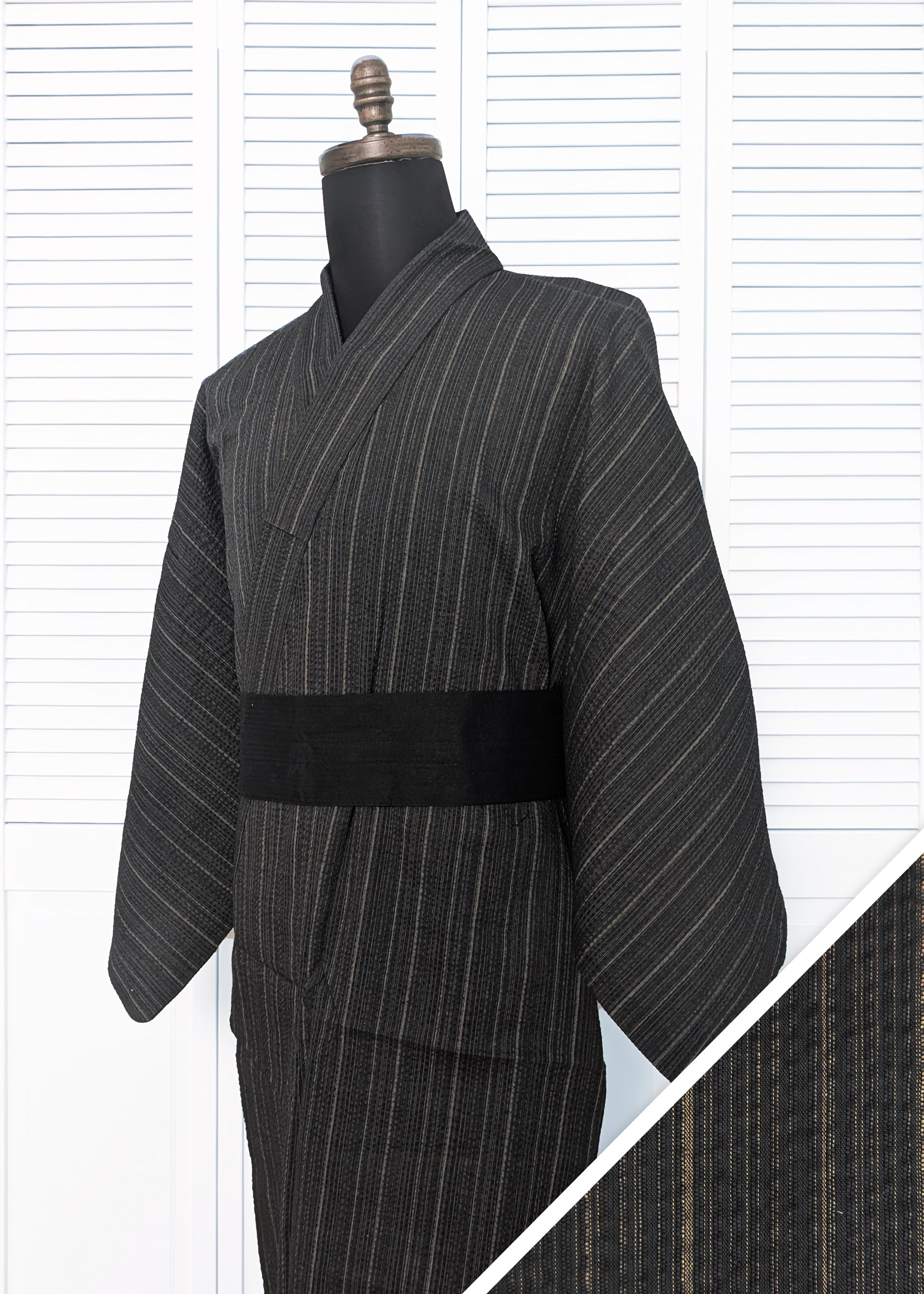 Japanese Traditional Men's Yukata Kimono - Beige Stripes in Charcoal
