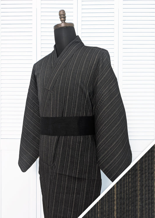 Japanese Traditional Men's Yukata Kimono - Beige Stripes in Charcoal