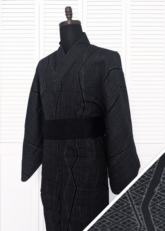 Japanese Traditional Men's Yukata Kimono - Line Patterns in Charcoal