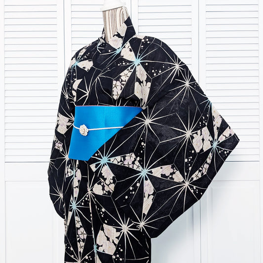 Yukata Kimono - Starbursts and Flowers in Black (Style #2593)