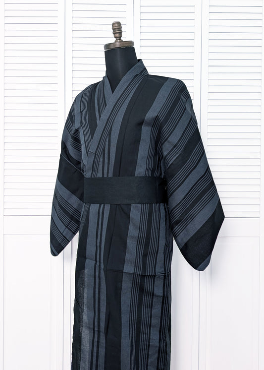 Traditional Japanese Men's Yukata Kimono Large - Stripes in Blue Gray