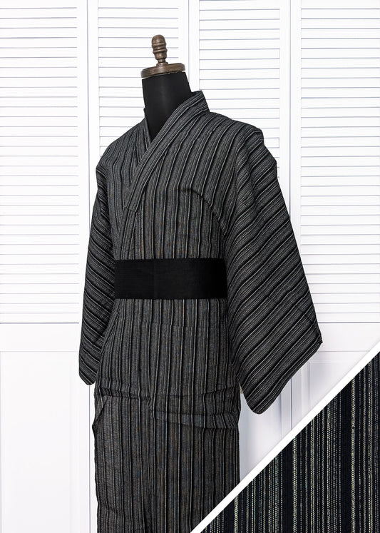 Traditional Japanese Men's Yukata Kimono - White Stripes in Black