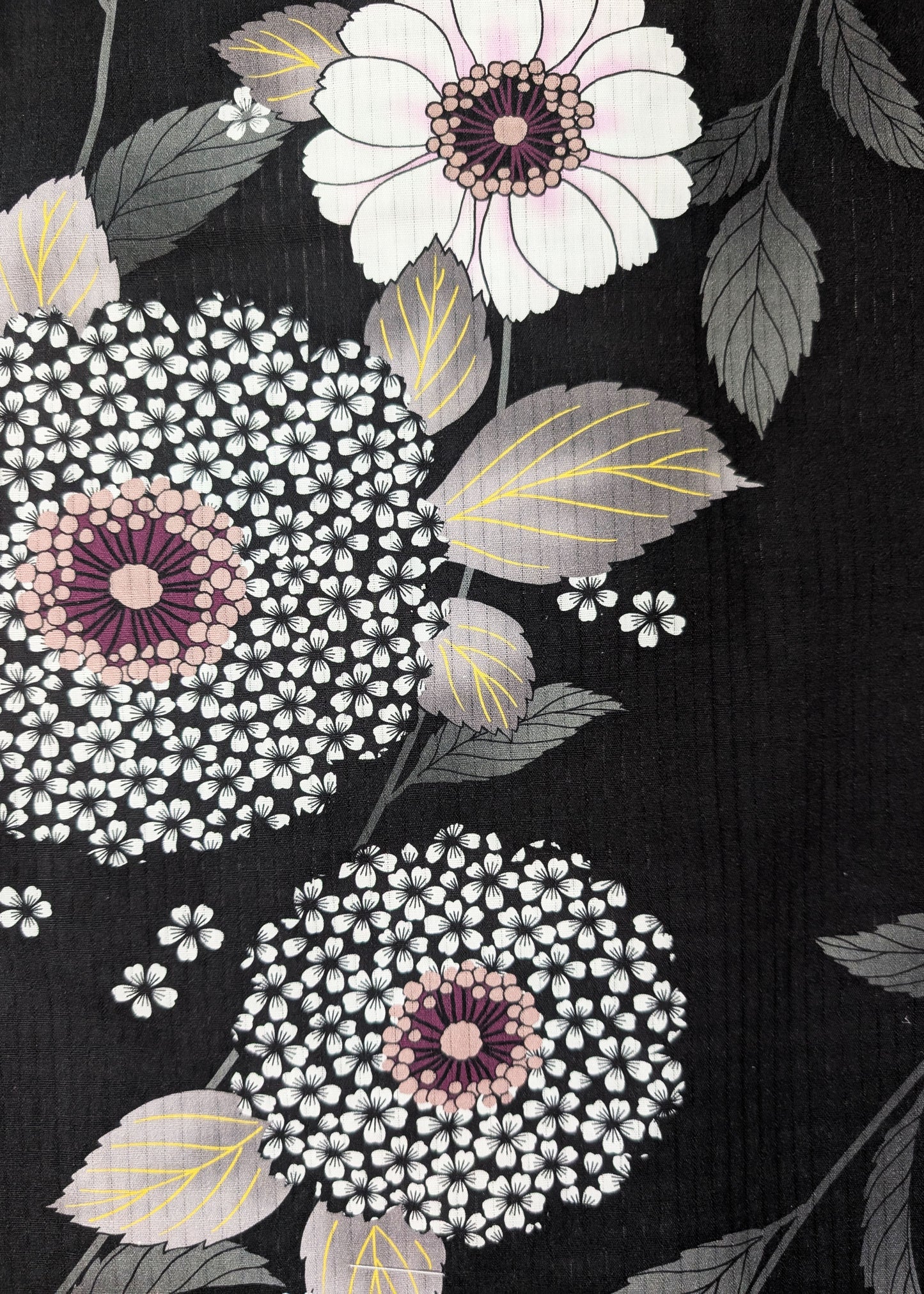 Floral pattern with white, purple, and gray flowers on a black background