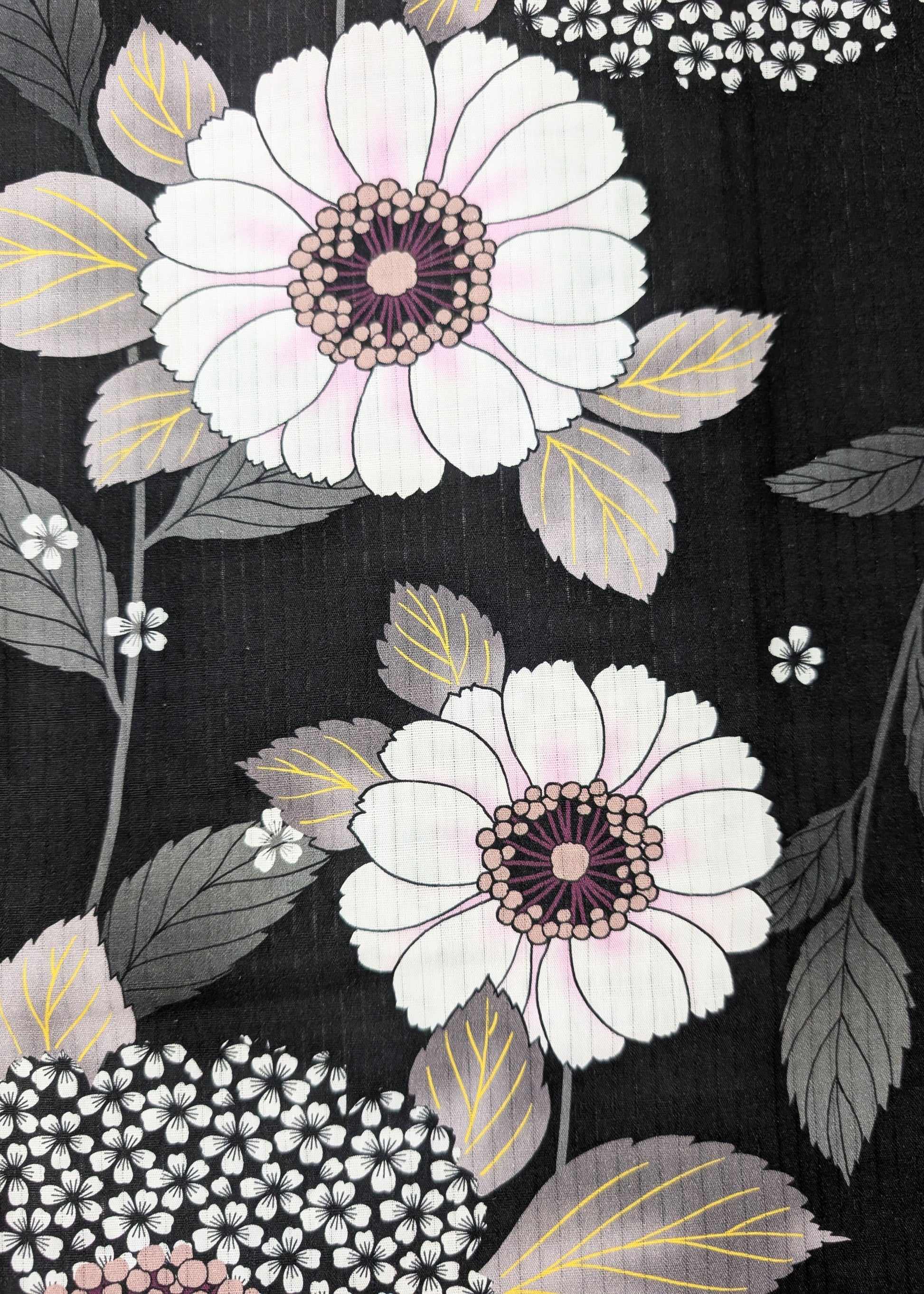 Floral pattern with white flowers and green leaves on a black background
