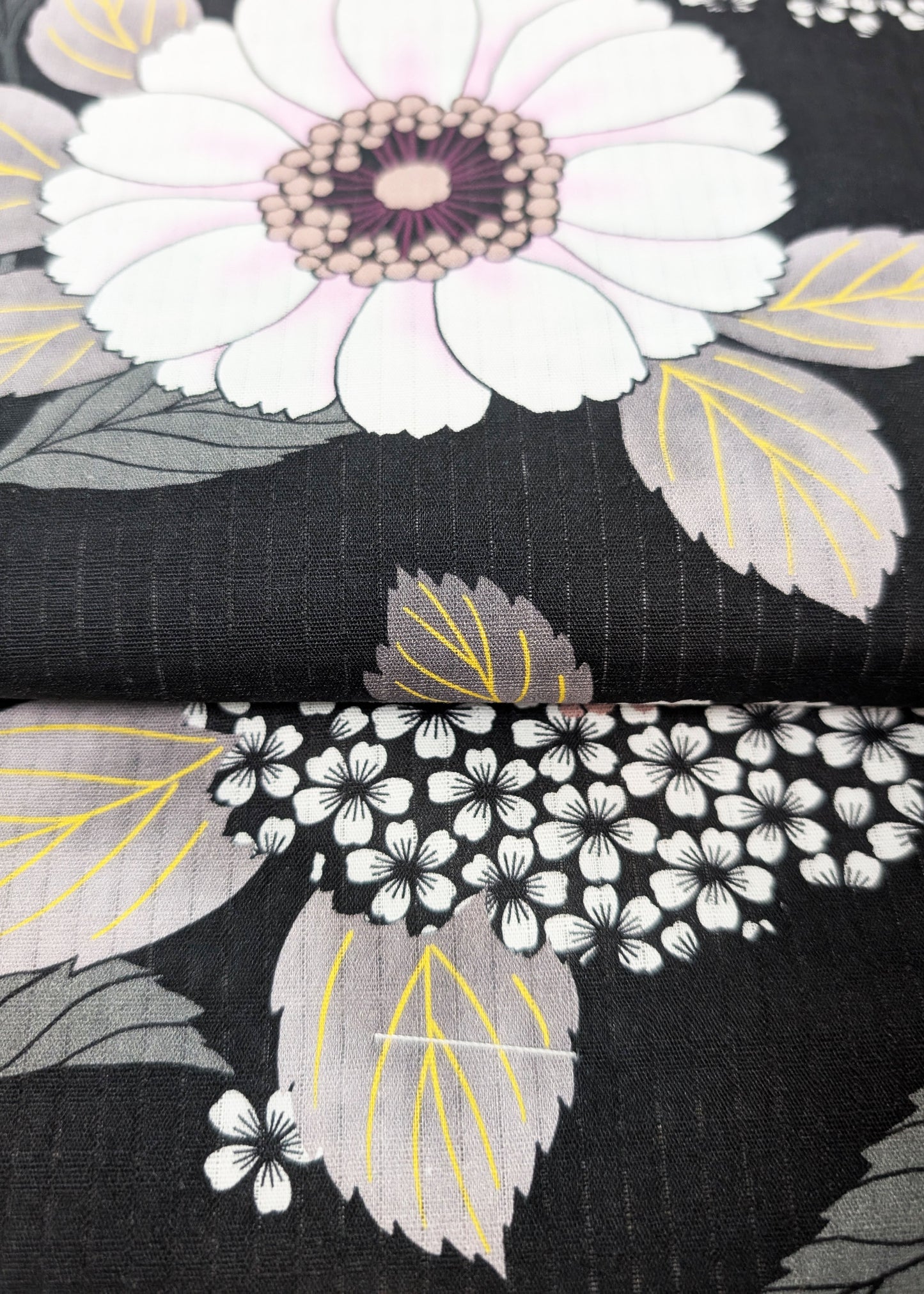 Close-up of floral fabric with white, purple, and gray flowers on a black background.