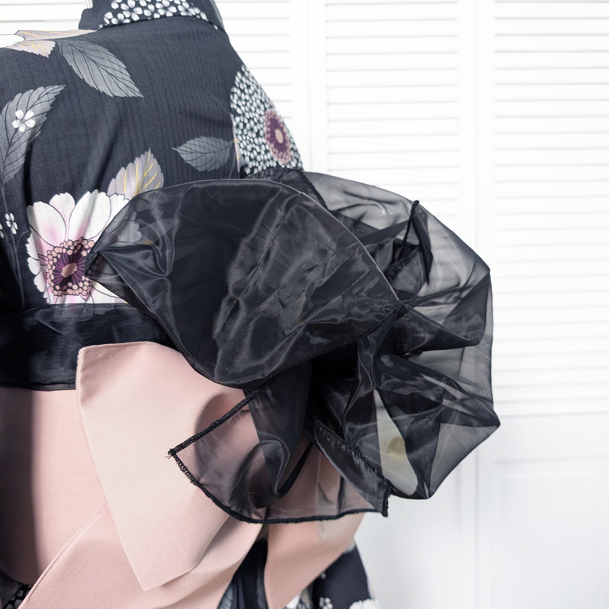 Black floral yukata with sheer black obi 