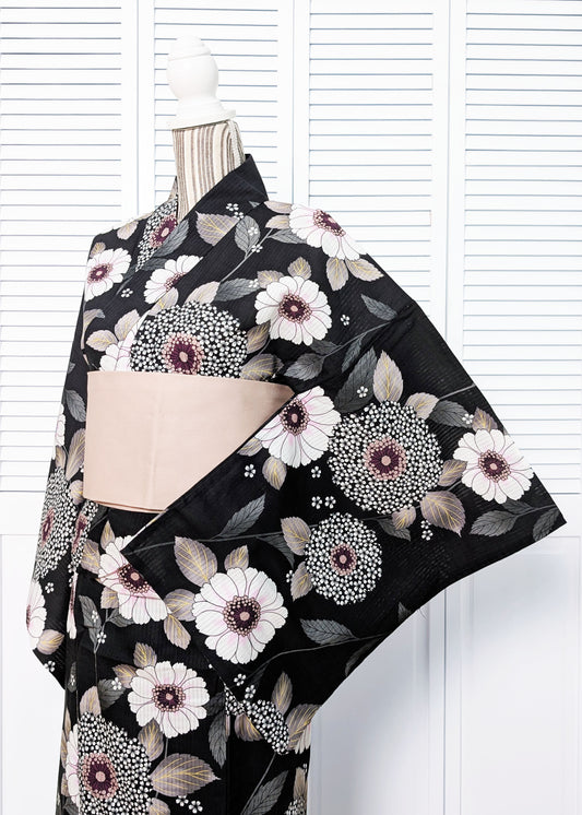 Japanese Traditional Women's Yukata Kimono - Pink Hydrangeas in Black