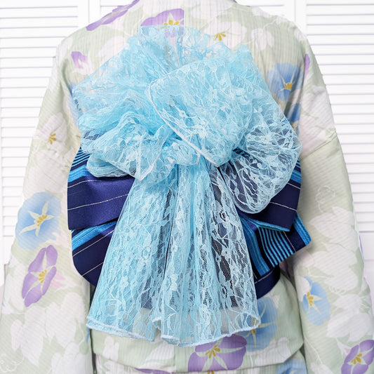 Japanese Traditional Decorative Obi Belt for Yukata Kimono - Lace Blue