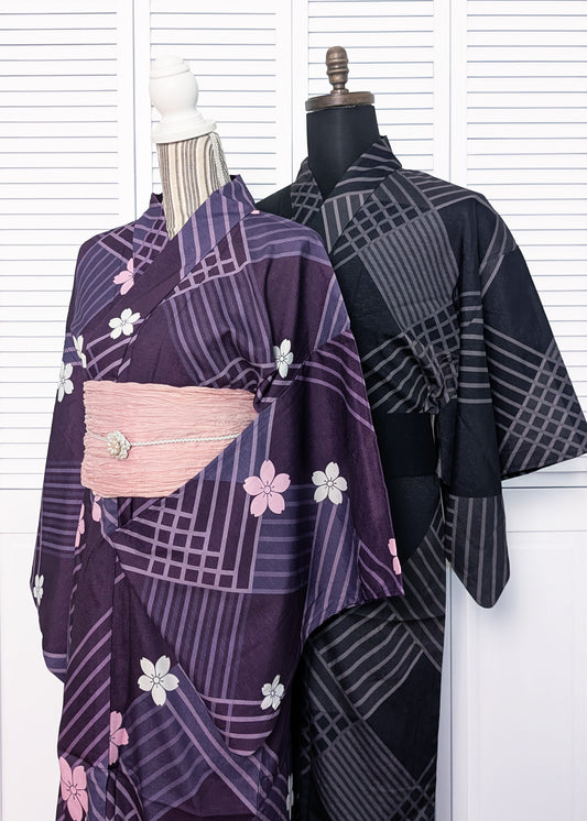 Couples' Yukata Kimono - Cherry Blossom Geometrics (Style #C1000)