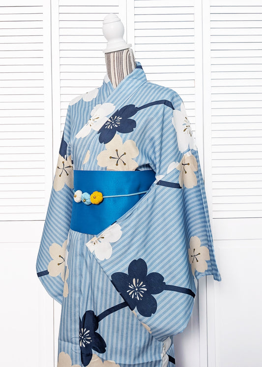 Japanese Traditional Yukata Kimono Extra Plus - Cherry Blossoms Blue