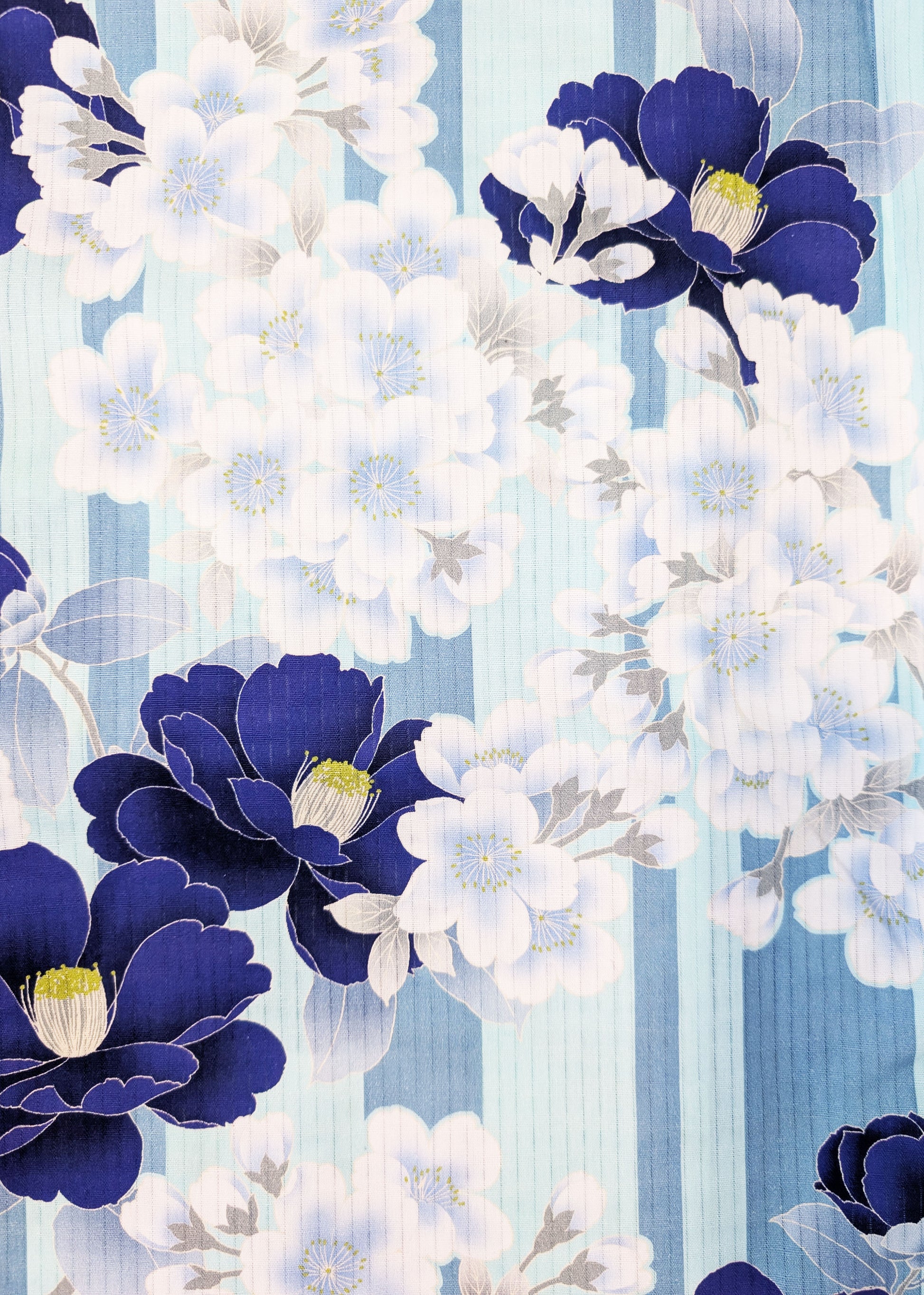 Floral pattern with blue and white flowers on a striped background
