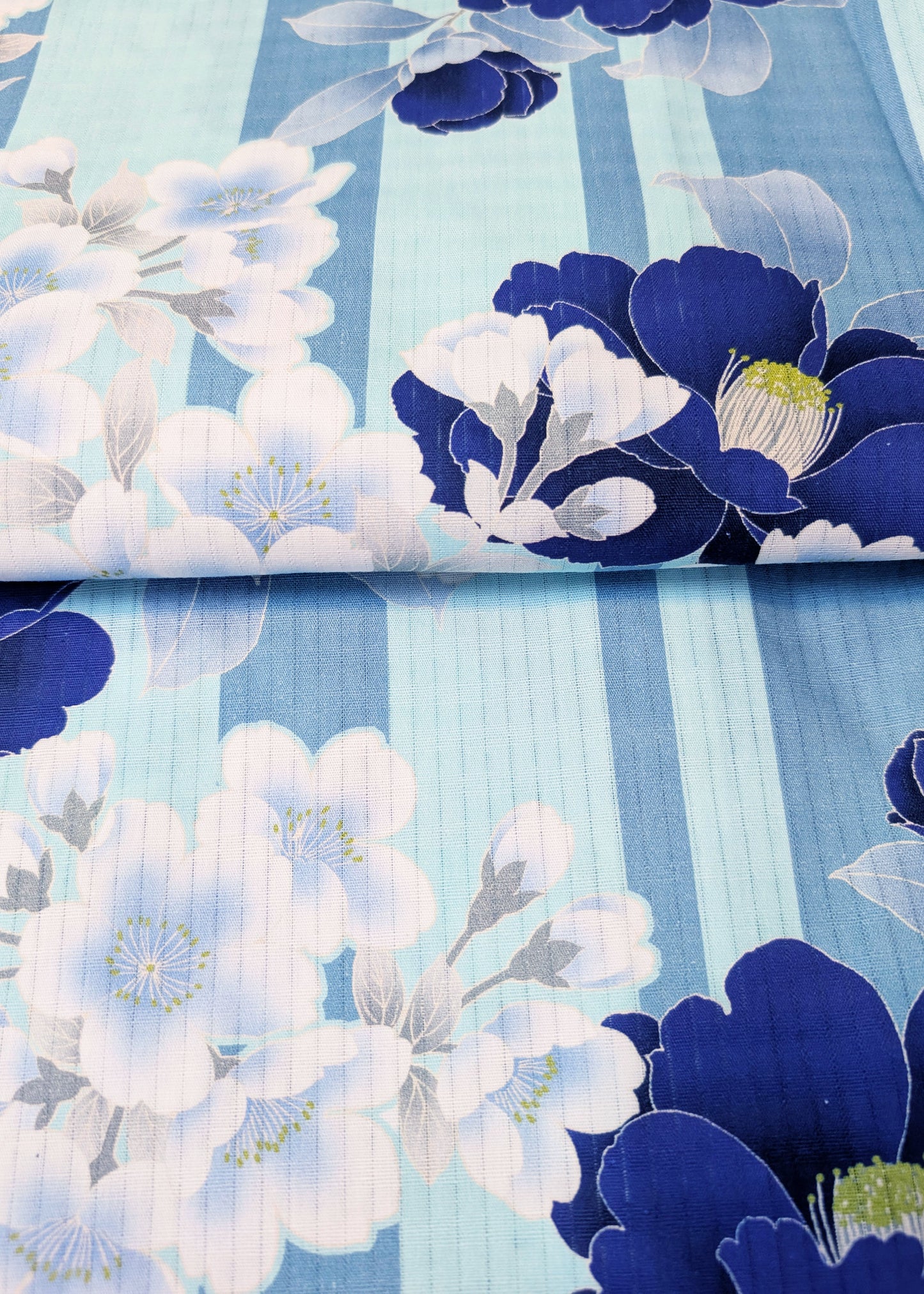 Floral fabric with blue and white flowers on a light blue background