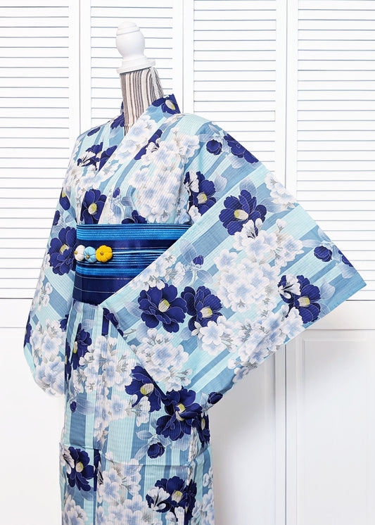 Japanese Traditional Yukata Kimono - Cherry Blossoms in Striped Blue