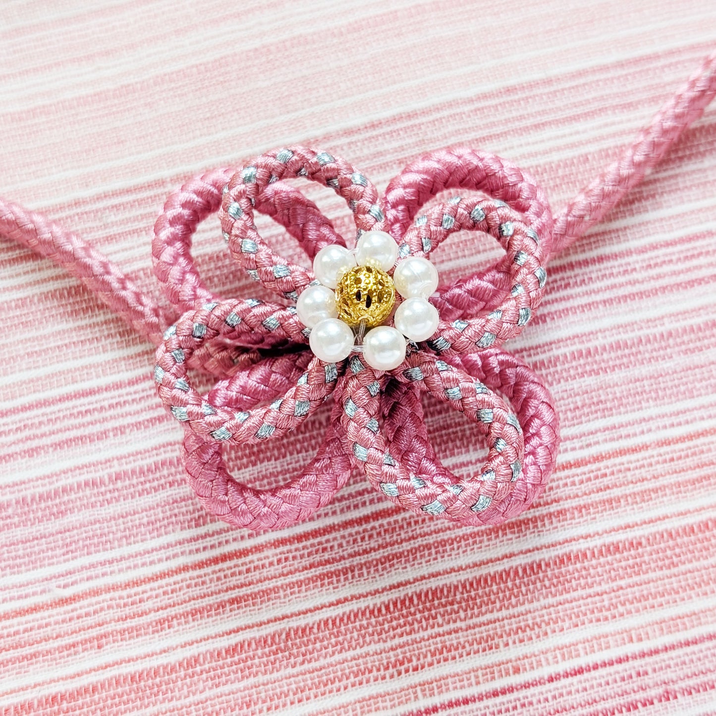 Japanese Kazari Himo Decorative String - Pink Flower Knot for Yukata