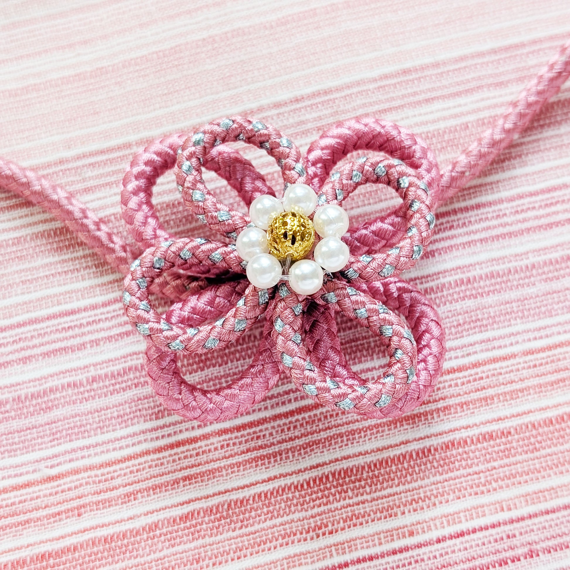 Japanese Kazari Himo Decorative String - Pink Flower Knot for Yukata