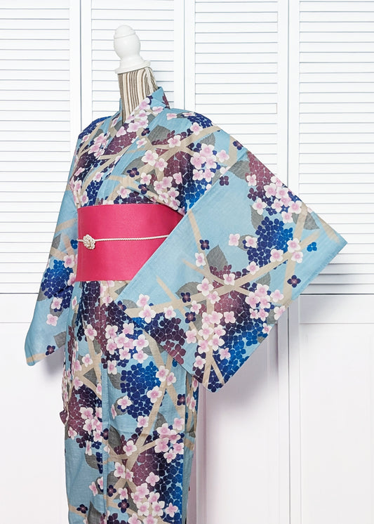 Japanese Traditional Women's Yukata Kimono - Blue Hydrangeas in Blue