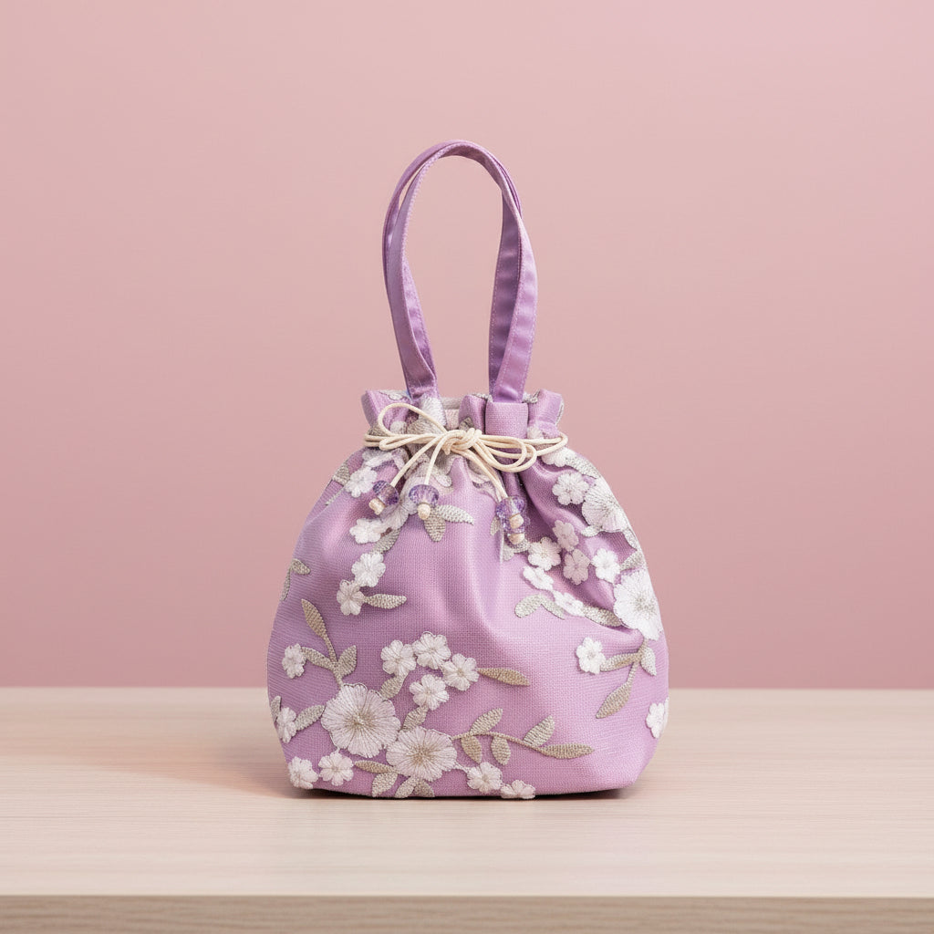 White Floral Embroidery Drawstring Bag - Purple Pink