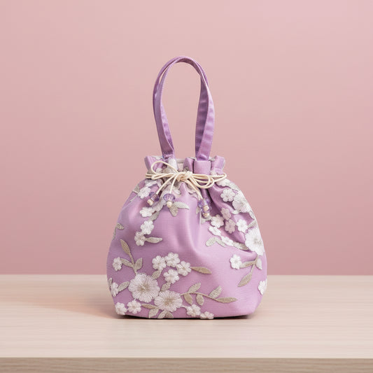 White Floral Embroidery Drawstring Bag - Purple Pink