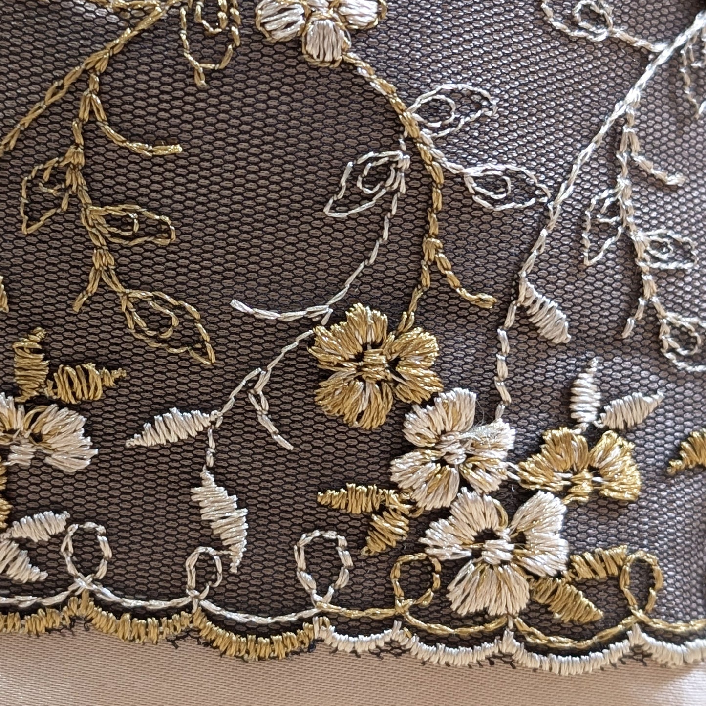 Close-up of embroidered floral pattern on fabric