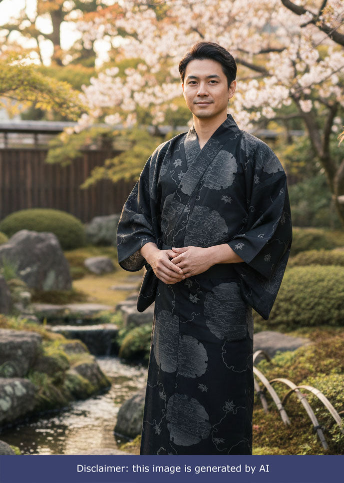 Men's Yukata (L) – Fall Leaves in Black (Style #L0014)