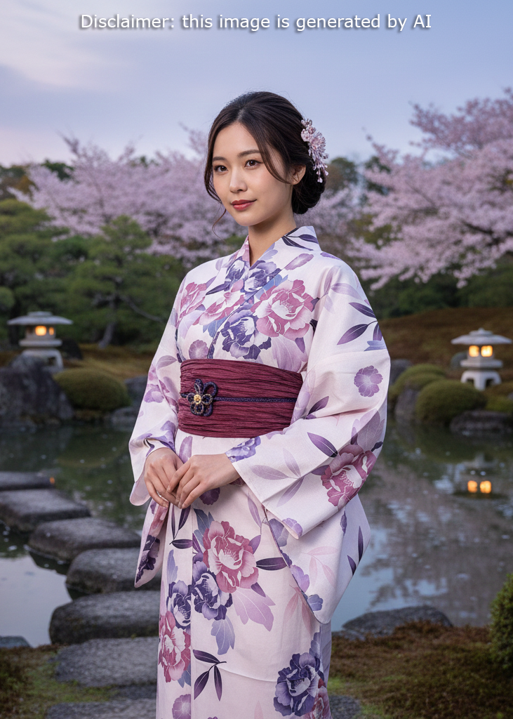 Yukata Kimono Plus Size - Purple Camellias in Pink (Style #1003)