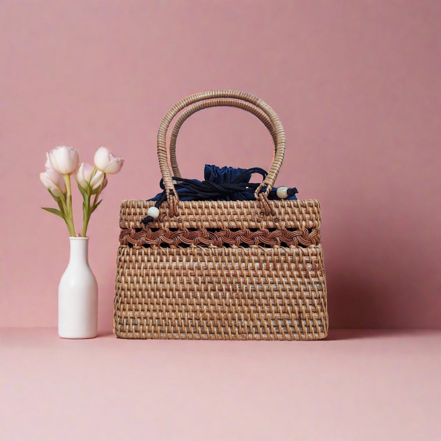 Wicker Basket with Navy Drawstring Bag