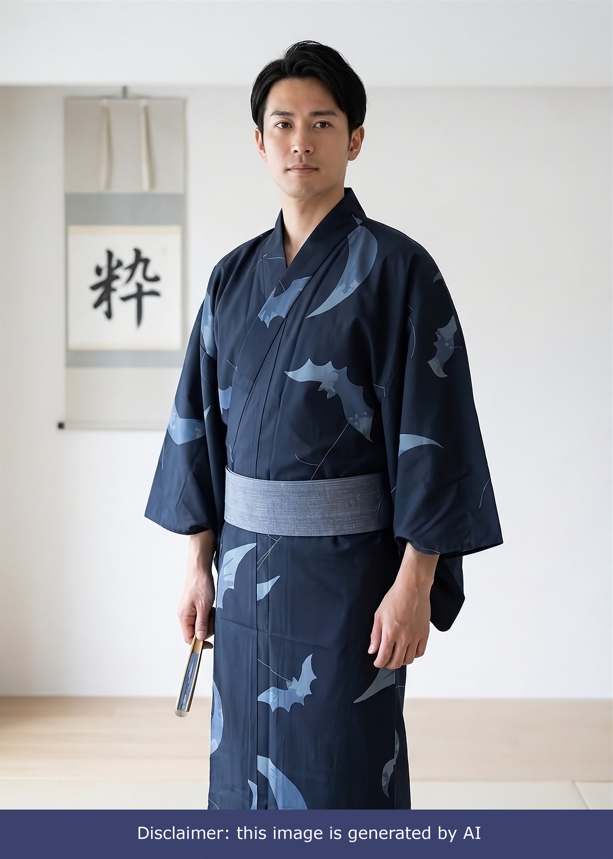 Men's Yukata (L) - Bats and Moon in Indigo (Style #L0017)