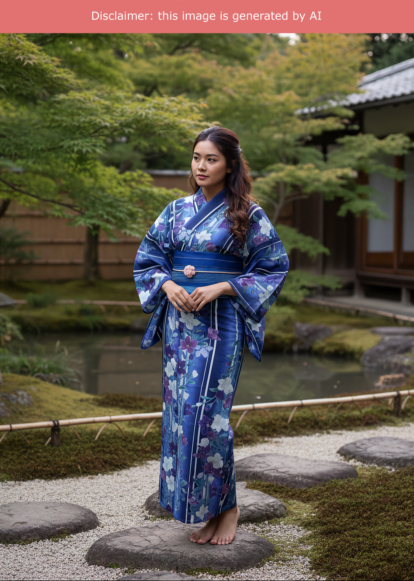 Yukata Kimono - Purple Bellflowers in Striped Blue 