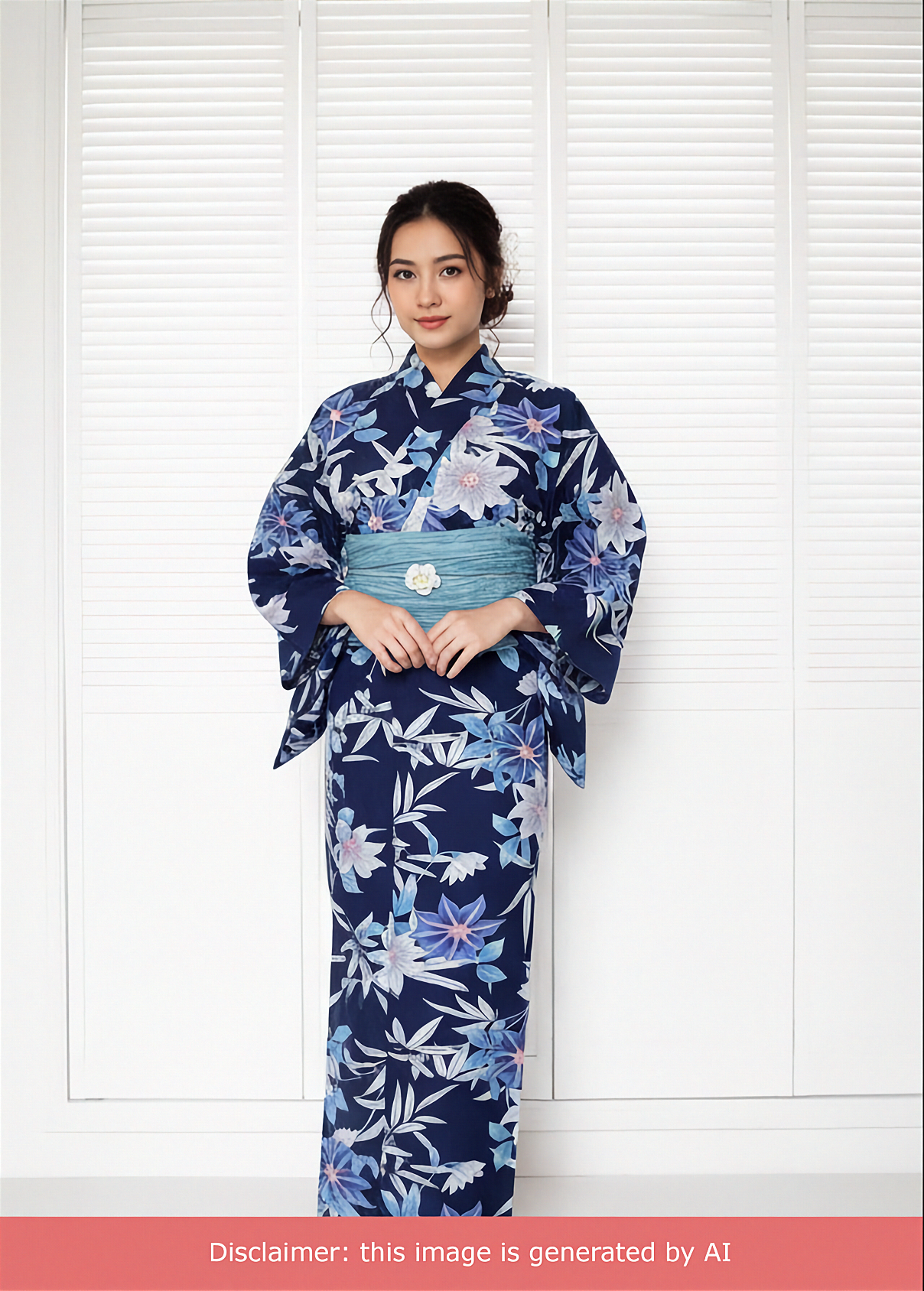 Yukata Kimono - Blue and White Flowers in Dark Blue (Style #2679)